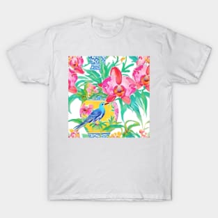 Preppy orchids in yellow chinoiserie jar T-Shirt